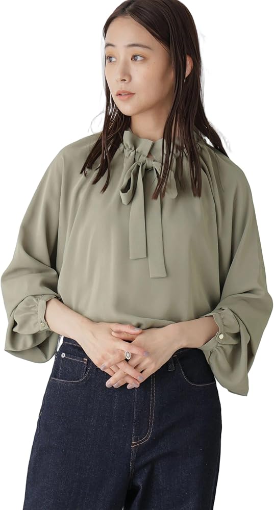 Amazon | [ナノ・ユニバース] フリルカラーボータイブラウス F カーキ